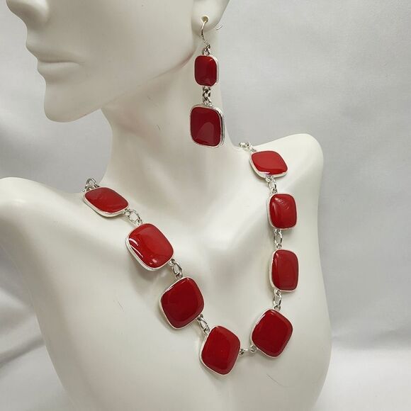 💜Red & Silver Plated Square Necklace & Dangling Earrings - Picture 1 of 16